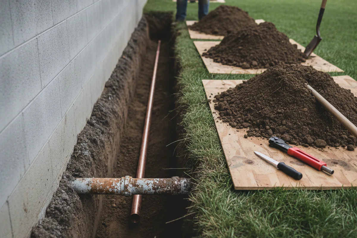 Excavated water line trench during Water Softener Installation in Swannanoa